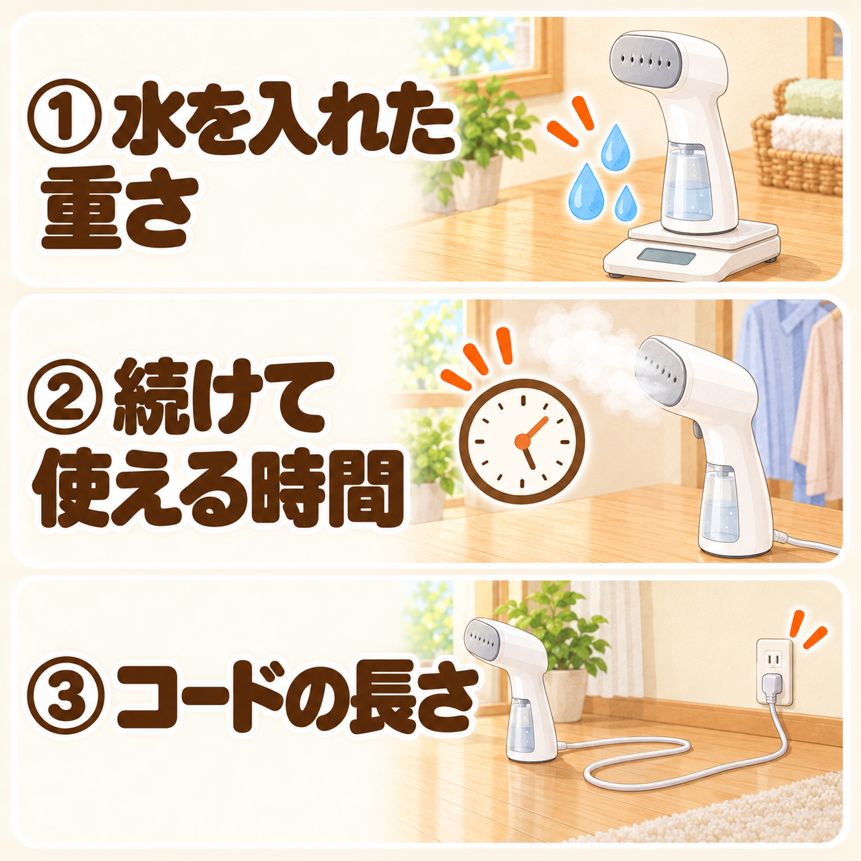 衣類スチーマーを選ぶときに確認したい3つのポイントをまとめた図