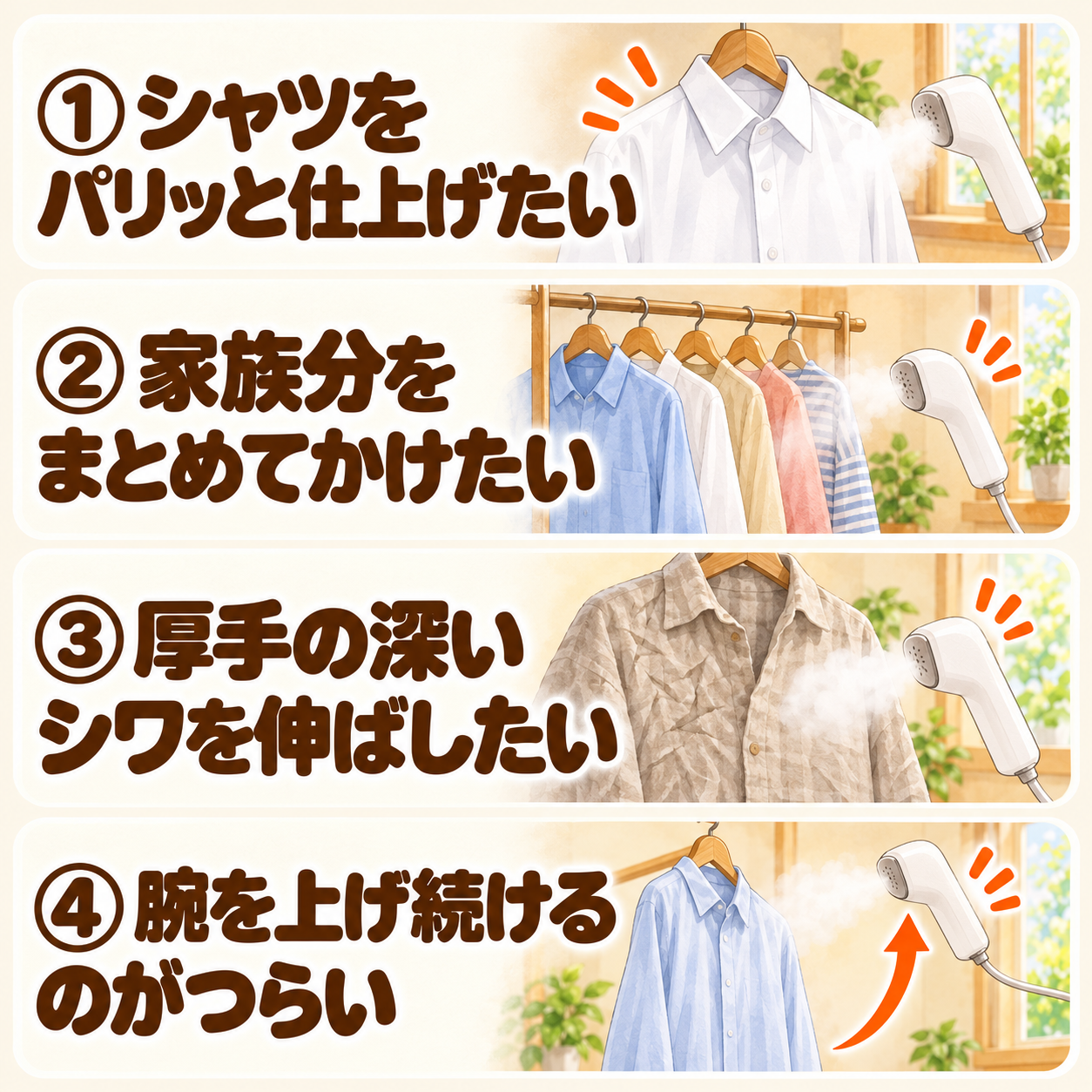 衣類スチーマーで後悔しやすい4つのケースをまとめた図