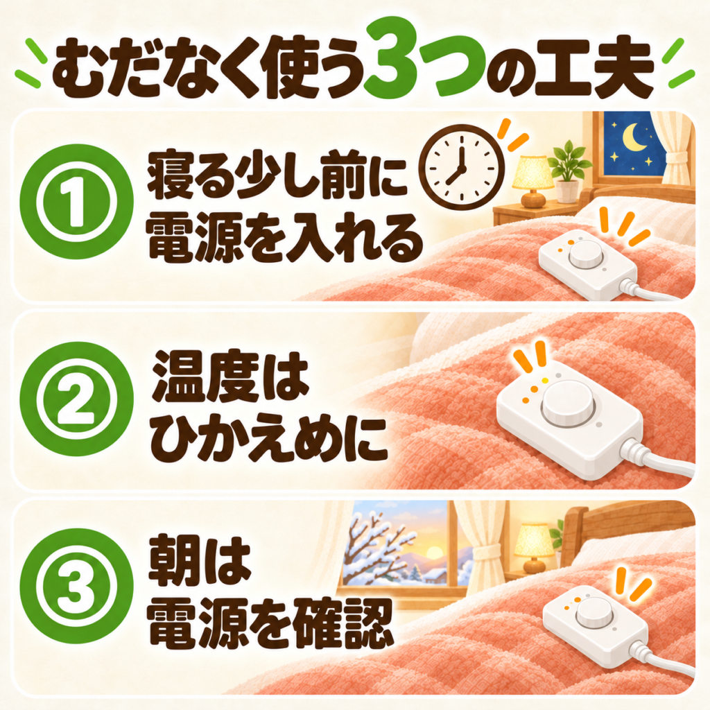 電気毛布をむだなく使う3つの工夫をまとめた図