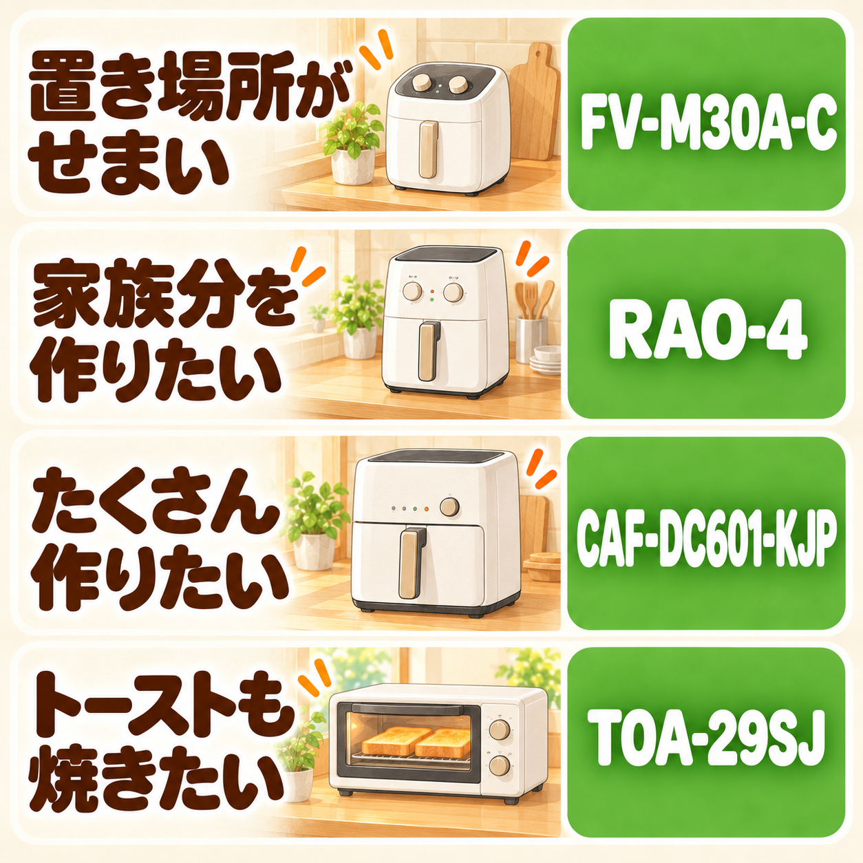 気になるポイント別に選びやすいノンフライヤーをまとめた図