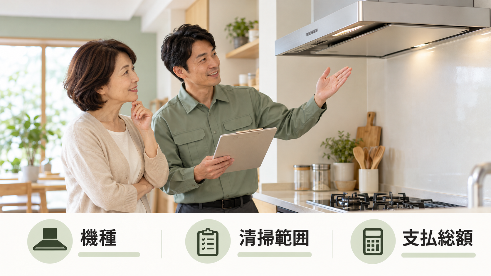 50代女性が清掃担当者に換気扇の機種・清掃範囲・支払総額を相談するイメージ
