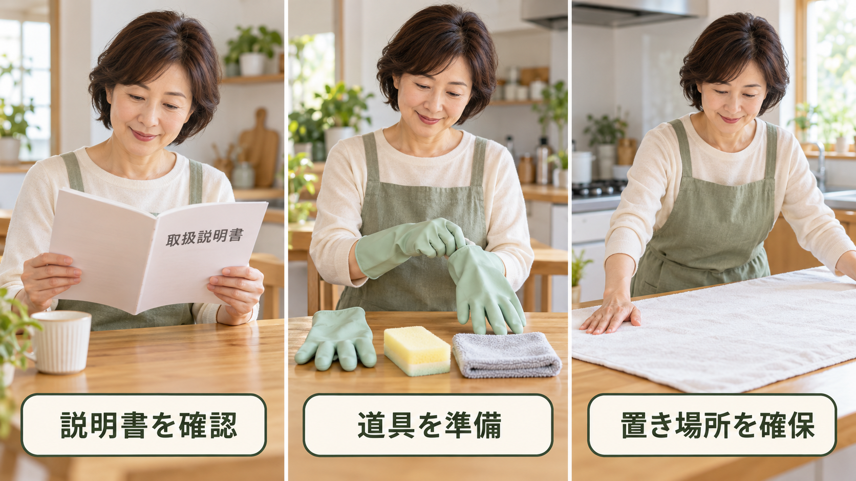説明書を読む、手袋と柔らかい道具を準備する、外した部品を置く場所を確保する3つの準備のイメージ