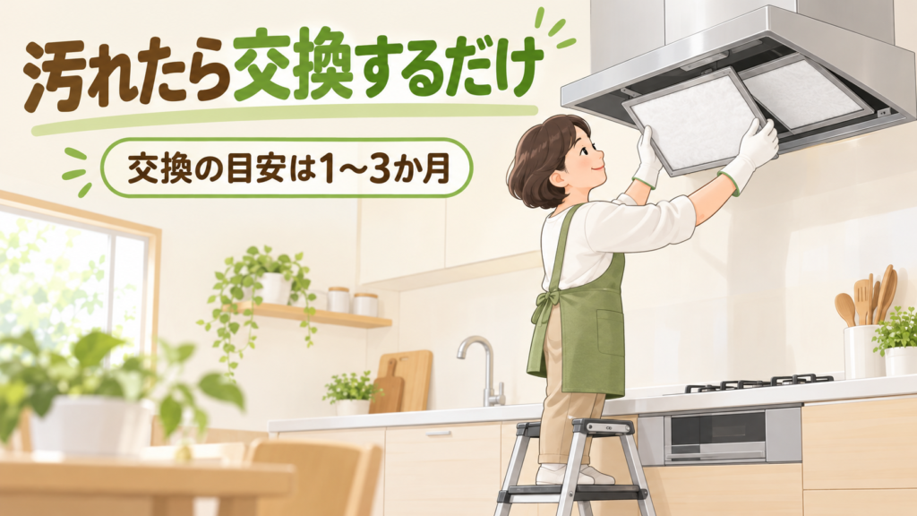 踏み台に乗り、手袋をつけてレンジフードのフィルターを交換する50代女性