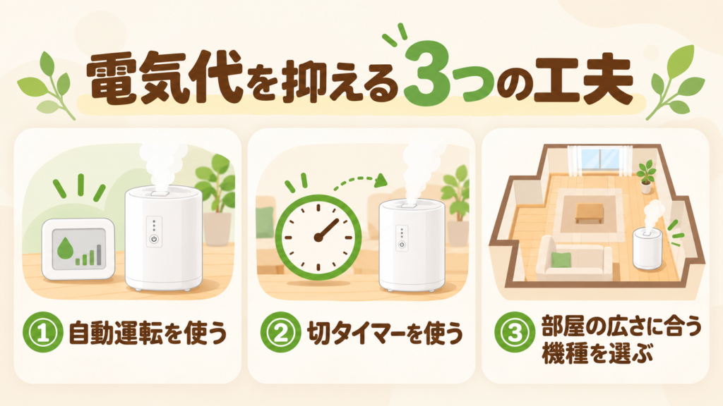 スチーム式加湿器の電気代を抑える3つの工夫をまとめた図
