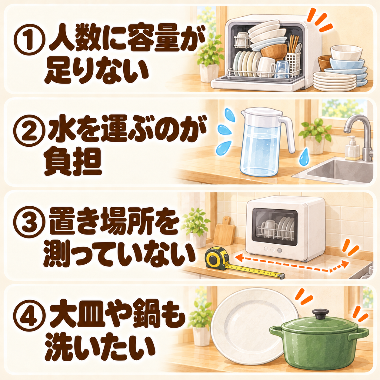 タンク式食洗機で後悔しやすい4つのケースをまとめた図