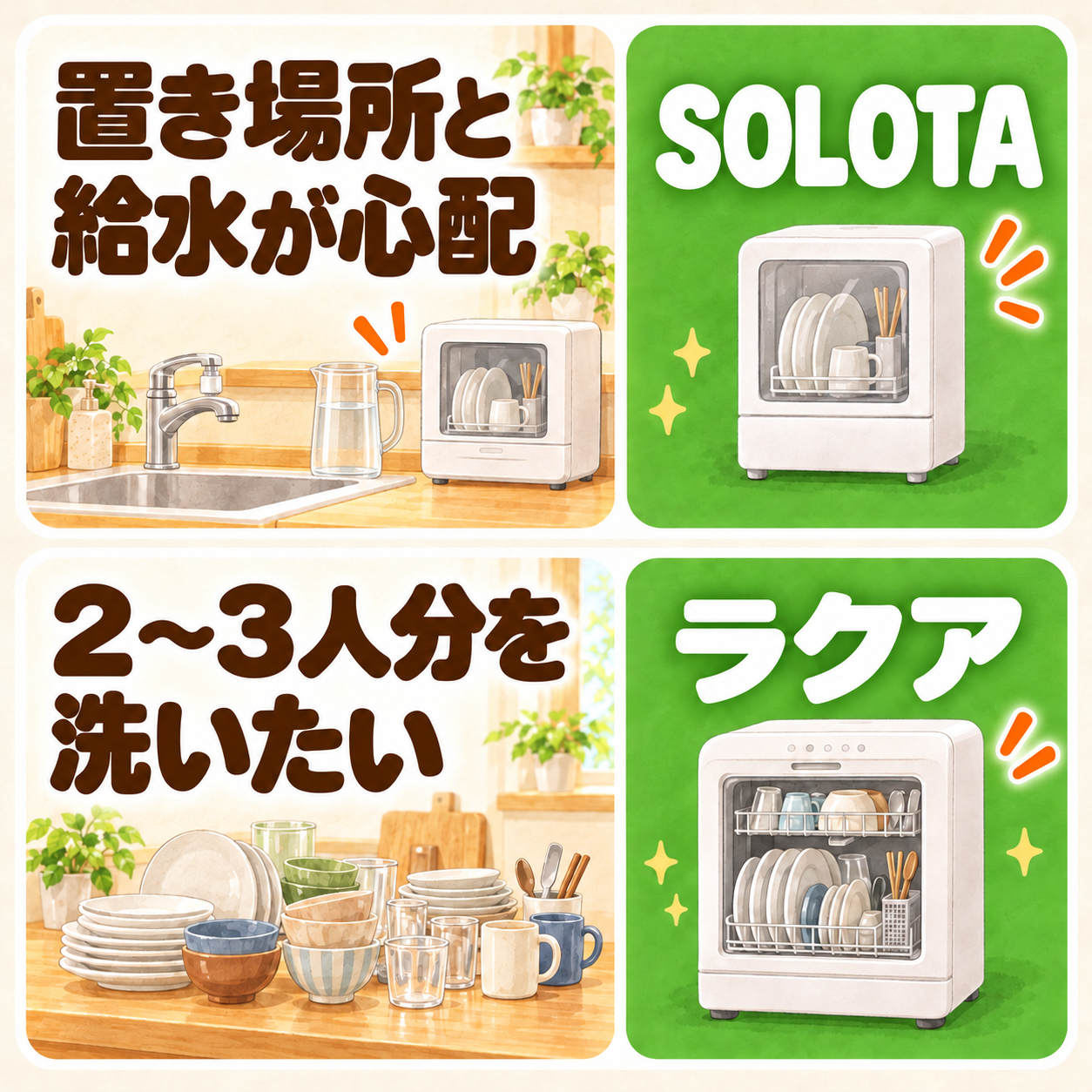 気になるポイント別に選びやすいタンク式食洗機をまとめた図
