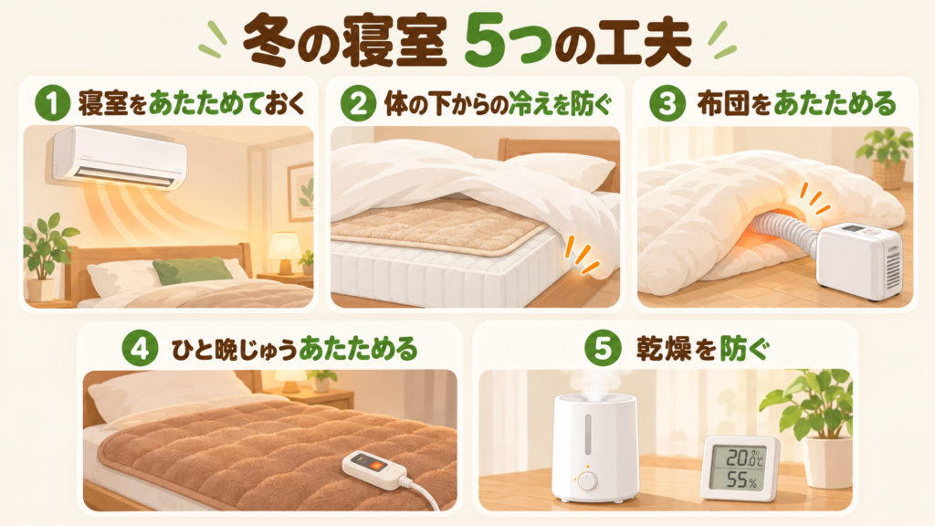 冬の寝室をあたたかく整える5つの工夫をまとめた図